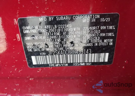 2024 Subaru Forester Premium z USA, uszkodzony, nr VIN JF2SKADC8RH433143